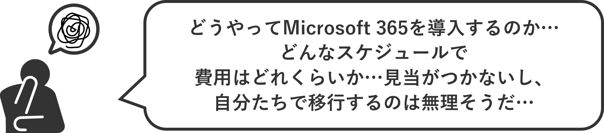 どんな構成でMicrosoft 365を導入したらいいのか…どんなスケジュールで費用はどれくらいか…見当がつかないし、自分たちで移行するのは無理そうだ…